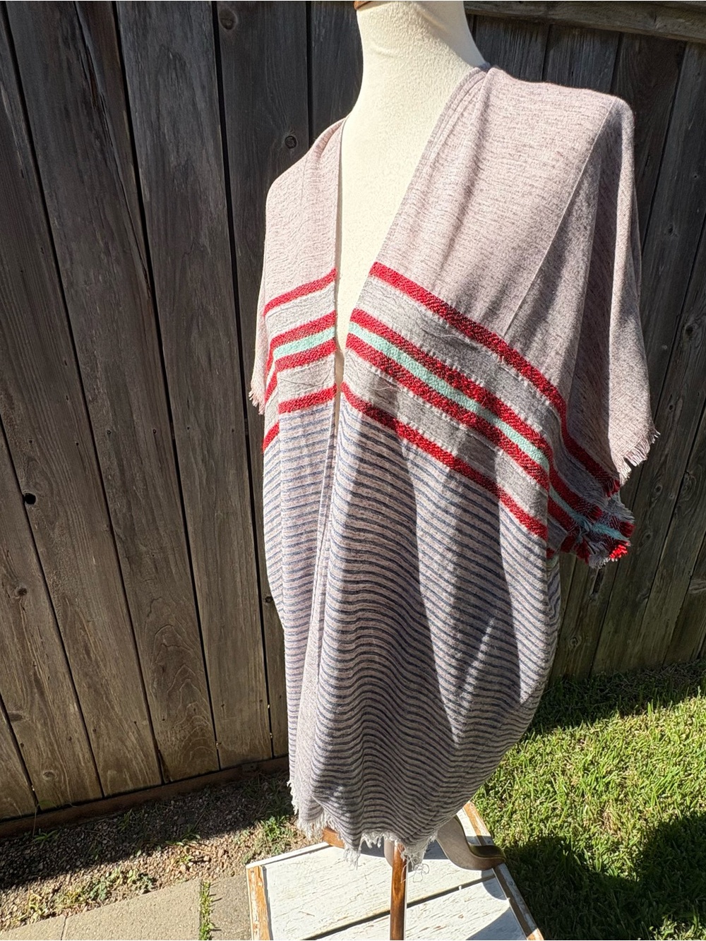 Universal Thread TanLight Gray Open-Front Striped Poncho with Red & Mint Accents